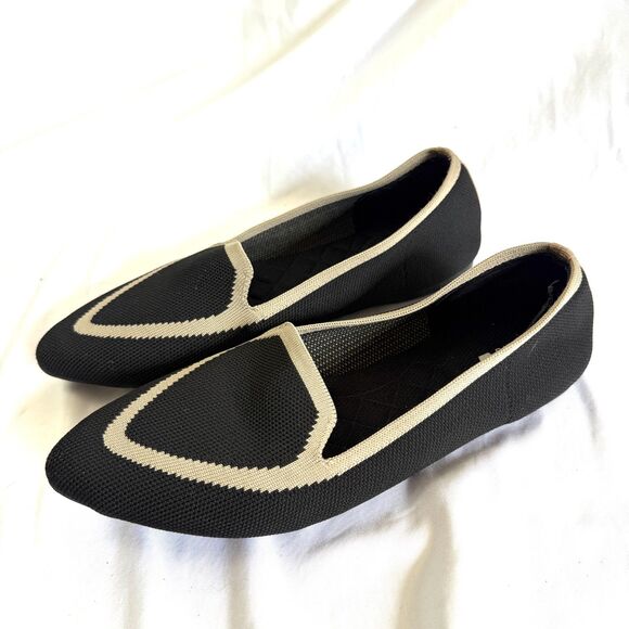 Birdies Flat Shoe Blackbird Comfort Knit Loafer Black Tan Stripe Ballet Size 8.5 - Picture 1 of 7